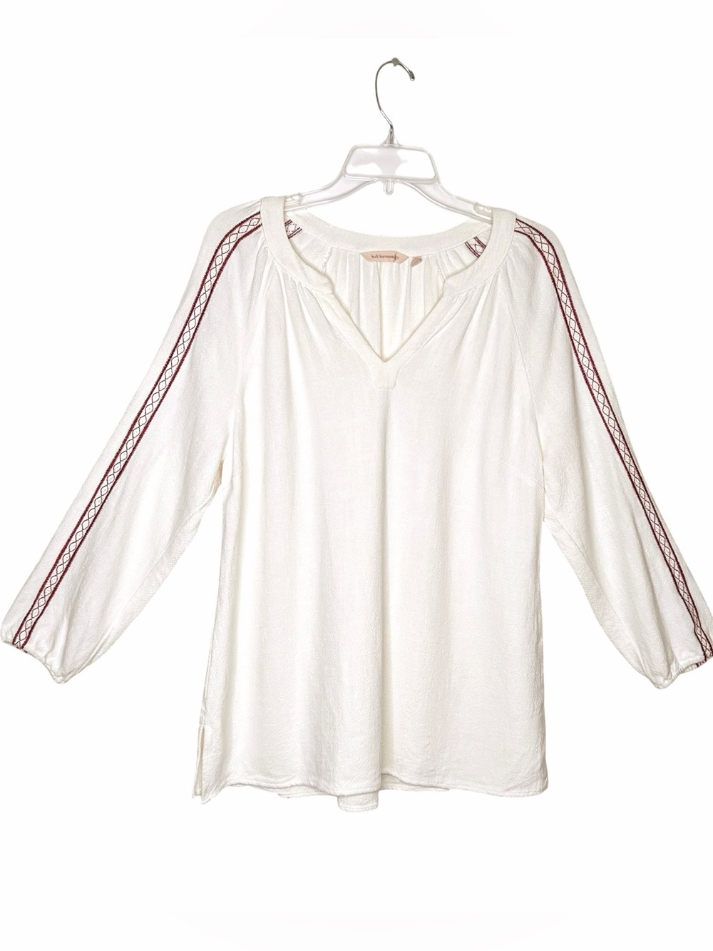 Soft Surroundings Mirage Linen Blend Embroidered Peasant Top M Coastal Boho